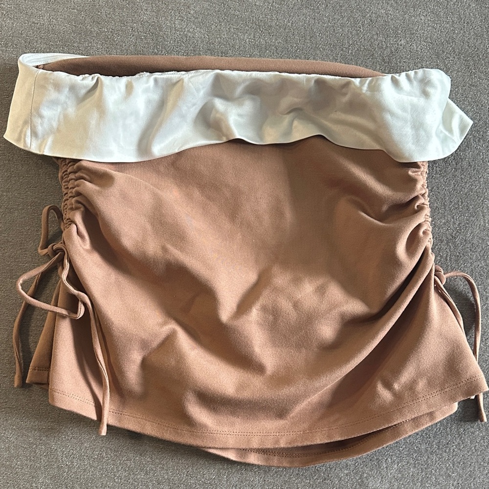 Anthropologie Cream and Brown Ruched Mini Top - Picture 5 of 7